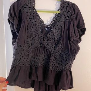 Free People Deep V Embroidered Blouse